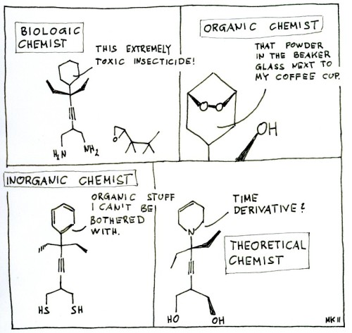 (i) Biological Chemist (next dog): 'This extremely toxic insecticide!' (ii) Organic Chemist: 'That powder in the beaker glass next to my coffee cup.' (iii) Inorganic Chemist: 'Organic stuff I can't be bothered with.' (iv) Theoretical Chemist: 'Time derivative?'